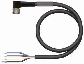 Ein schwarzes, abgewinkeltes Kabel mit einem Stecker und vier blanken Drahtenden in verschiedenen Farben: blau, braun, schwarz und grau.