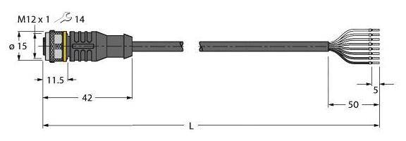 Technische Zeichnung eines M12 Steckverbinders mit Kabel, zeigt Maße: Länge 42 mm, Kabel 50 mm, Gesamtlänge L, Durchmesser 15 mm.