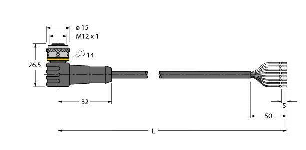 Technische Zeichnung eines M12-Steckverbinders mit Maßen: Durchmesser 15 mm, Länge 32 mm, Gesamtsteckerlänge 'L', Kabellängen angegeben.