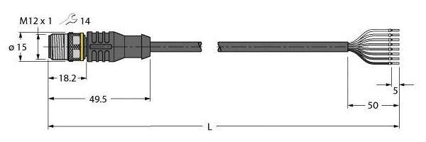 Technische Zeichnung eines Steckers mit Kabel. Maße: Länge 49,5 mm, Durchmesser 15 mm, andere Komponenten mit 5 mm Abstand. Beschriftet 'M12 x 1'.