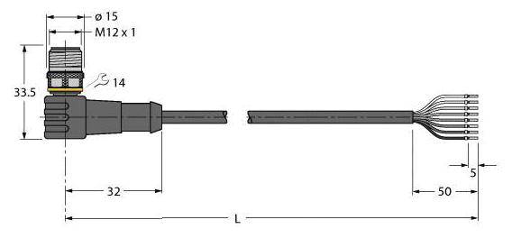 Technische Zeichnung eines Steckers mit Kabel. Maße des Steckers: 33,5mm Gesamtlänge, 15mm Durchmesser, 32mm Breite. Kabel mit offenen Enden.