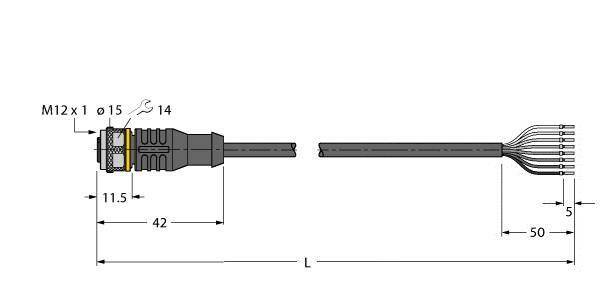 Technische Zeichnung eines Steckverbinders. Details: M12 x 1 Gewinde, Gesamtlänge 'L', Steckerlänge 42 mm, Kabelabstand 5 mm.