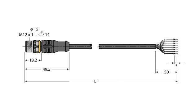 Diagramm eines M12-Steckers mit technischen Maßen: Durchmesser 15 mm, Gesamtlänge 49,5 mm, Kabel mit 5 mm Durchmesser.