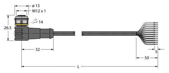 Diagramm eines Steckers mit Maßen: Durchmesser 15 mm, M12 x 1 Gewinde, Gesamtlänge 'L', Kabeldicke 5 mm, Abstände angegeben.