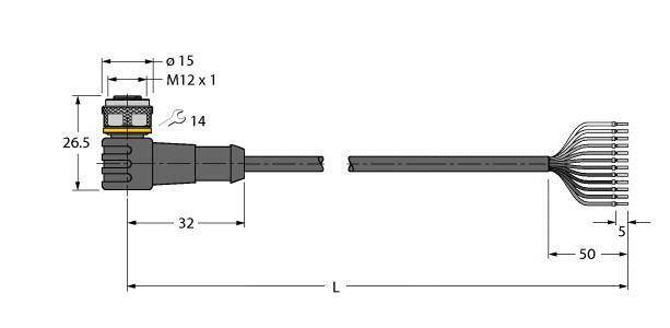 Technische Zeichnung eines M12-Steckers mit Abmessungen und Drahtverbindungen.zeigt Länge, Durchmesser und Kabeldetails.