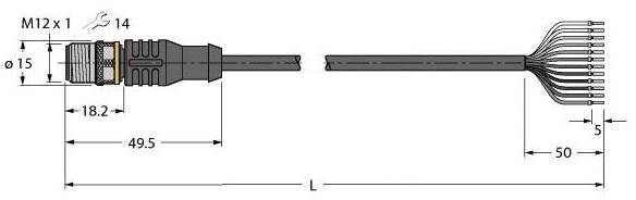 Technische Zeichnung eines M12-Steckverbinders mit Maßen: Gesamtlänge 49,5 mm, Gewinde M12 x 1, Kabeldurchmesser 15 mm, Abstände markiert.