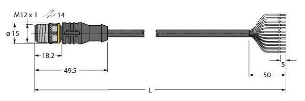 'Verlängerungskabel M12': Schema einer Kabelverbindung mit Steckervermaßung. Maße: 49,5 mm, 14 mm, Durchmesser 15 mm, Kabellänge L.