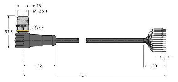 Technische Zeichnung eines Steckers mit Abmessungen. Der Stecker hat einen Durchmesser von 15 mm und Länge von 33,5 mm. Kabel mit 12 Adern.