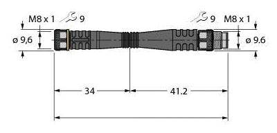 Technische Zeichnung eines Verbinders: M8 x 1 Gewinde, Länge 75,2 mm, Durchmesser 9,6 mm. Schlüsselweite 9 mm auf beiden Seiten.