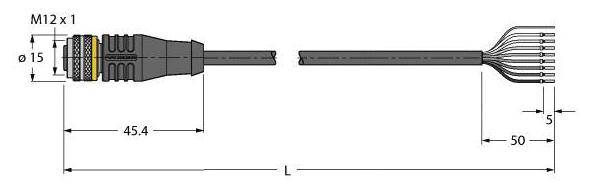 Abbildung eines M12 x 1 Steckers mit Kabelanschluss. Der Stecker hat einen Durchmesser von 15 mm und eine Länge von 45,4 mm. Kabelabspaltung bei 50 mm.