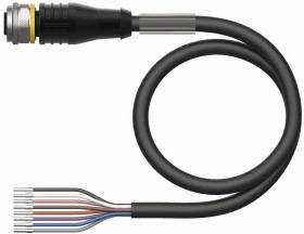 Ein schwarzes Kabel mit Stecker auf der einen Seite und freiliegenden farbigen Drähten auf der anderen Seite.
