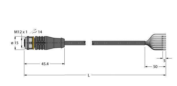 Technische Zeichnung eines M12-Steckverbinders mit Maßen: Durchmesser 15 mm, Länge 45,4 mm, Kabellänge 50 mm, Drahtabstände 5 mm.