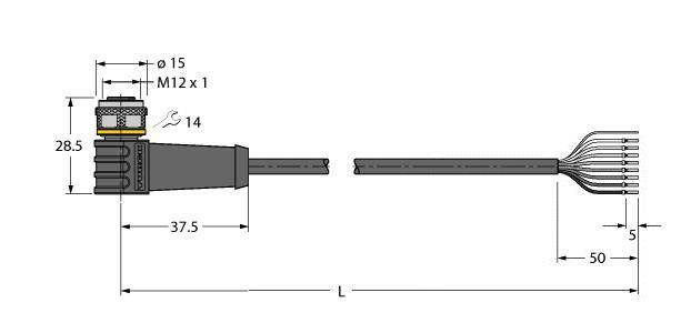 Technische Zeichnung eines Steckverbinders: M12 x 1 Gewinde, 15 mm Durchmesser, mit Maßangaben zu Länge und Anschlusskabel.