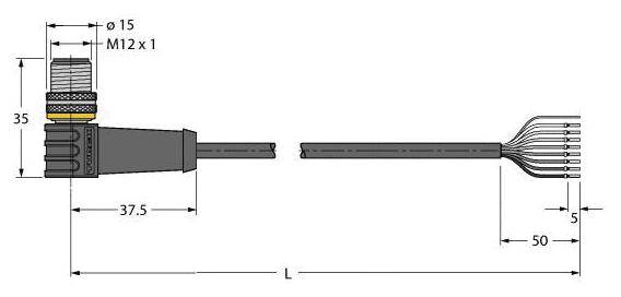 Technische Zeichnung eines Kabelverbinders mit Maßen: Stecker Ø15 mm, Gewinde M12x1, Gesamtlänge L, 37,5 mm Kabel, 50 mm Adern, 5 mm Enden.