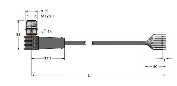 Technische Zeichnung eines M12 Steckers mit Anschlussbelegung. Maße sind 37,5 mm Länge, 35 mm Höhe. Detailansicht von Kontakten.