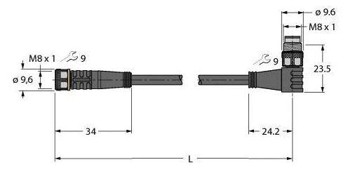 Steckerdiagramm zeigt Abmessungen eines M8-Steckers mit Schraubanschluss: Länge 34 mm, Durchmesser 9,6 mm, Gewinde M8 x 1.