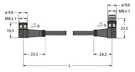 Diagramm zweier Steckverbinder mit Maßen. Links: Länge 23,5 mm, rechts: 24,2 mm. Beide: Ø 9,6 mm, Gewinde M8 x 1.