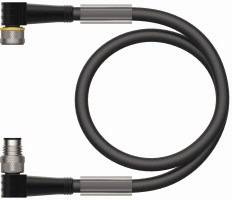 Ein schwarzes Kabel in einer Schleifenform, mit silbernen Steckverbindern an beiden Enden.