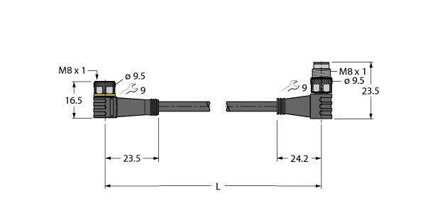 Technische Zeichnung eines Steckverbinders: Maße 16,5 mm, 23,5 mm und 24,2 mm. M8 x 1 Gewinde, Detailansicht von zwei Seiten.