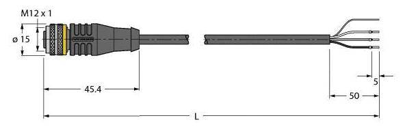 M12-Steckverbinder mit Kabel und abisolierten Drähten; Abmessungen: Durchmesser 15 mm, Länge 45,4 mm, Kabelmantelüberstand 50 mm.