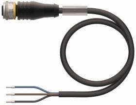 Verbinder mit schwarzem Kabel und drei Drähten (blau, braun, schwarz) an einem Ende und einem runden Steckverbinder am anderen Ende.