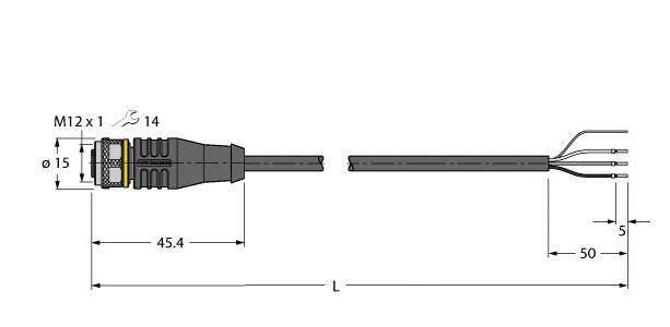 Anschlussstecker M12 x 1 mit vier Kabeln. Gesamtlänge 'L'. Abmessungen: Stecker Ø15 mm, Länge 45,4 mm; Kabelbereich 50 mm.
