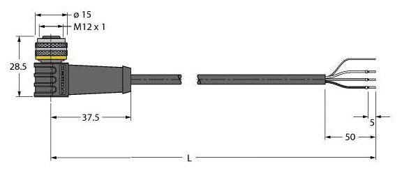 Technische Zeichnung eines Kabels mit M12-Steckverbinder, Abmessungen: Durchmesser 15 mm, Länge 37,5 mm, Kabelende mit vier Drähten.