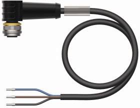 Ein schwarzes Kabel mit einem Stecker auf der linken Seite und drei abisolierten Adern am rechten Ende, geeignet für elektrische Verbindungen.