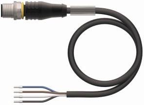Elektrisches Kabel mit Rundstecker, vier farbige Adern: schwarz, braun, blau, weiß. Verwendet für industrielle Anwendungen.