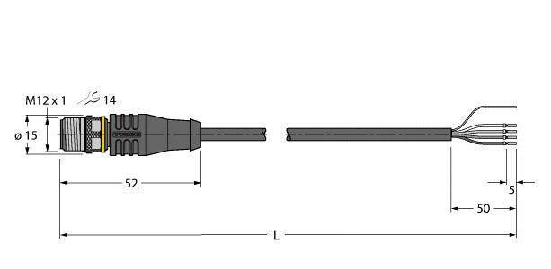 Technische Zeichnung eines M12-Steckers mit Maßen. Links ist der Stecker dargestellt, rechts das Kabel mit abisolierten Enden.