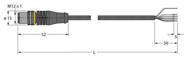 Steckverbinder M12, Abmessungen: Länge 52 mm bis Kabelansatz, Gesamtlänge L, Kabeldurchmesser 5 mm. Verbindungen: 4 Drähte.