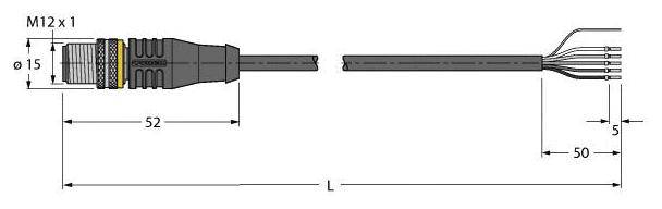 Schaltplan eines Steckers mit Bezeichnungen: M12x1, Durchmesser 15 mm. Gesamtlänge (L) mit 52 mm Stecker und 50 mm Kabel, 5 Adern.