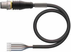 Ein schwarzes Kabel mit einem Metallstecker an einem Ende und freien Drähten in Blau, Braun, Weiß und Schwarz am anderen Ende.
