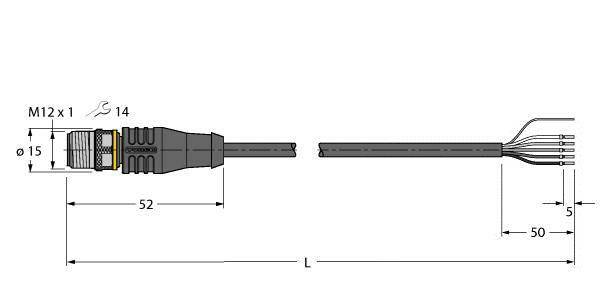 Technische Zeichnung eines M12 Steckverbinders mit Maßangaben: Gesamtlänge 117 mm, Durchmesser 15 mm, Leitungslänge 50 mm.
