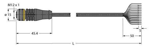 Diagramm eines Steckverbinders: links M12-Steckverbinder, rechts offene Kabelenden. Maße: Ø15, Länge 45,4 mm, gesamt L, rechter Abschnitt 50 mm.