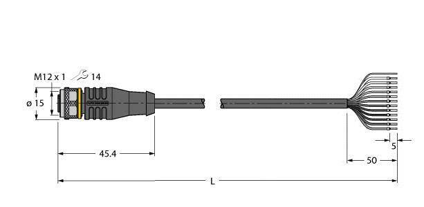 Technische Zeichnung eines Steckers mit Kabel und Maßen. Links ein M12-Stecker mit Gewinde, rechts abgehende Kabeladern. Maße in Millimetern angegeben.