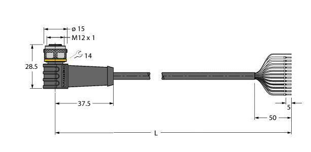 Technische Zeichnung eines Steckers mit Kabel, zeigt Maße und Anschlüsse. Stecker: M12 x 1, Durchmesser 15 mm, verschiedene Kabellängen.