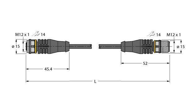 Technische Zeichnung eines M12-Steckers mit Detailmaßen: 45,4 mm und 52 mm lange Abschnitte. Durchmesserangaben sind ebenfalls enthalten.