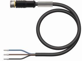 Ein schwarzes Kabel mit einem Metallanschluss an einem Ende und drei farblich gekennzeichneten Drähten (blau, braun, schwarz) am anderen.