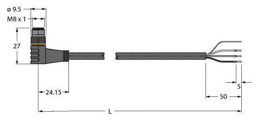 Technische Zeichnung eines M8-Steckers mit Kabel. Maße: Durchmesser 9,5 mm, Länge 24,15 mm, Kabelabstände 50 mm, 5 mm, 27 mm hoch.