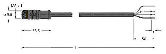 Technische Zeichnung eines Kabelsteckers. Abmessungen: Durchmesser 9,6 mm, Länge 33,5 mm bis zu den offenen Kabelenden bei 50 mm.