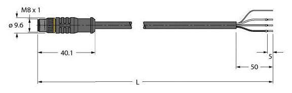 Technische Zeichnung eines M8-Steckers mit Kabel. Maße: Länge 40,1 mm, Durchmesser 9,6 mm, Gesamtlänge 'L', Kabelabschnitt 50 mm, Endbereich 5 mm.