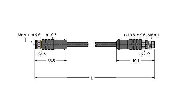 Technische Zeichnung eines M8-Steckers mit Abmessungen: links 33,5 mm, rechts 40,1 mm, Durchmesser 9,6 mm, Gewinde M8 x1.