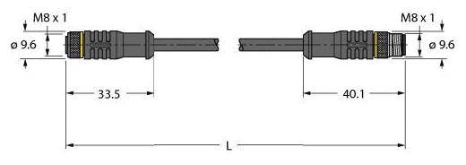 Darstellung eines Steckers und einer Buchse mit M8-Gewinde. Linke Seite 33,5 mm, rechte Seite 40,1 mm lang. Beide haben 9,6 mm Durchmesser.