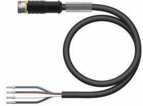 Schwarzes, spiralförmiges Kabel mit vier farbigen, freiliegenden Drahtenden: blau, braun, schwarz, grau. Oberer Stecker mit Metallhülse.