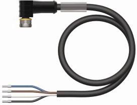 Schwarzes Kabel mit vier offenen Drahtenden und einem gewinkelten Stecker. Verwendet zur Verbindung elektrischer Geräte.