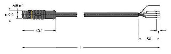 Technische Zeichnung eines M8-Steckers mit Kabel. Maße: Steckerlänge 40,1 mm, Kabelbreite 9,6 mm. Gesamtlänge L, gesplittetes Kabelende 50 mm, Litzendrähte 5 mm.