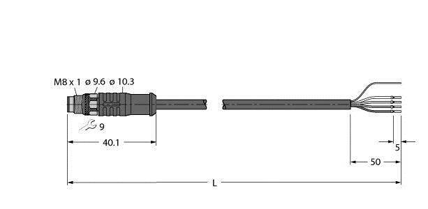 'M8 x 1 Kabelstecker', technische Zeichnung mit Maßen: 40,1 mm Länge Stecker, 9 mm Schlüsselweite, Gesamtlänge L, 50 mm Drahtlänge.