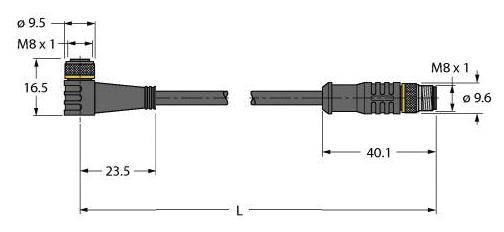 Technische Zeichnung eines Steckverbinders mit Maßen: Länge 23,5 mm und 40,1 mm, Durchmesser 9,5 mm und 9,6 mm, Gewinde M8 x 1.