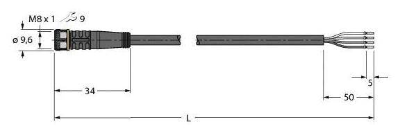 Technische Zeichnung eines Steckverbinders mit Kabel. Beschriftungen: M8x1, ø9, ø9.6. Maße: 34 mm, 50 mm, 5 mm, Länge L.